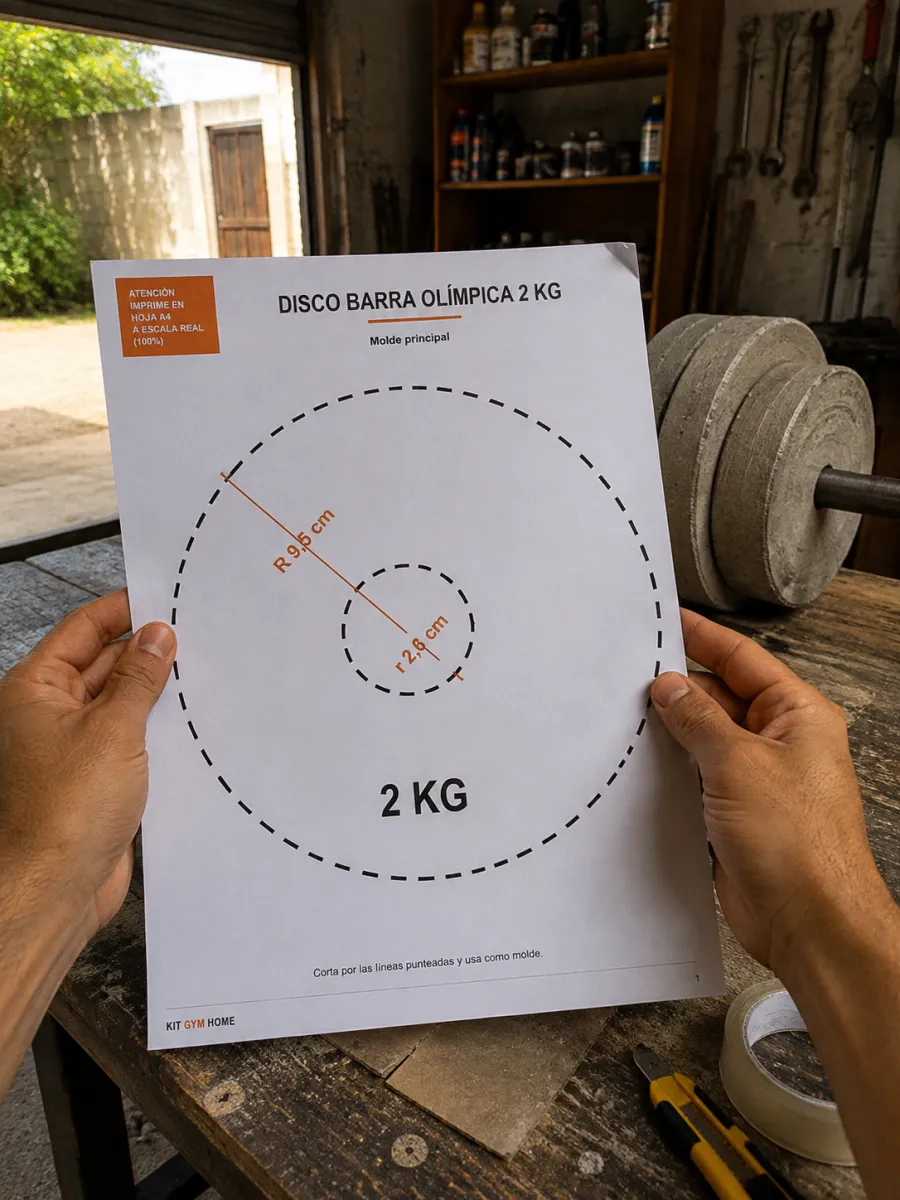 Molde de disco para barra olímpica del kit, sostenido en garaje casero