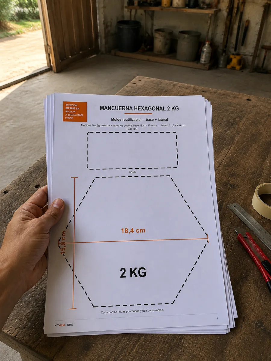 Moldes de mancuerna hexagonal del kit, sostenidos en garaje casero