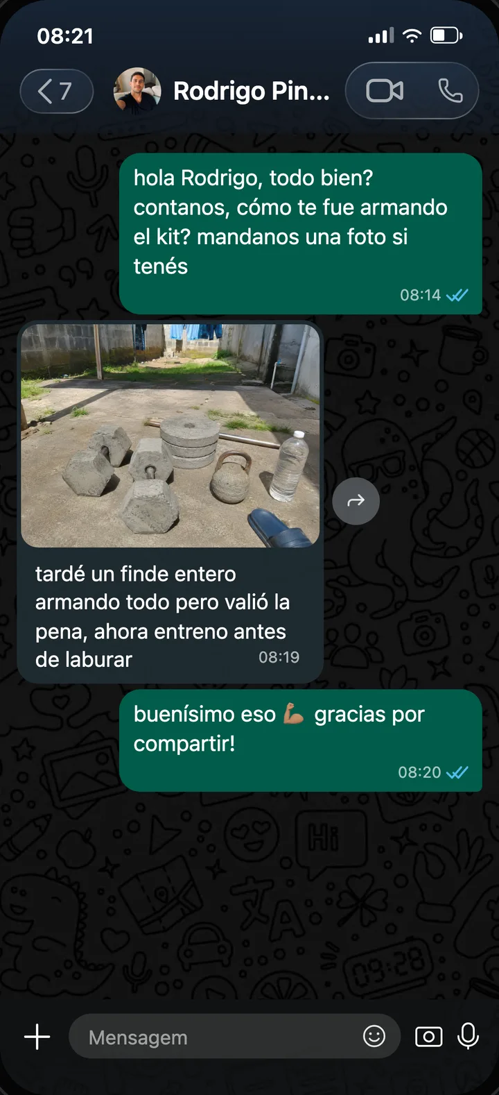 Captura de WhatsApp de Rodrigo Pintos, Montevideo, Uruguay: tardó un fin de semana armando todo y ahora entrena antes de trabajar